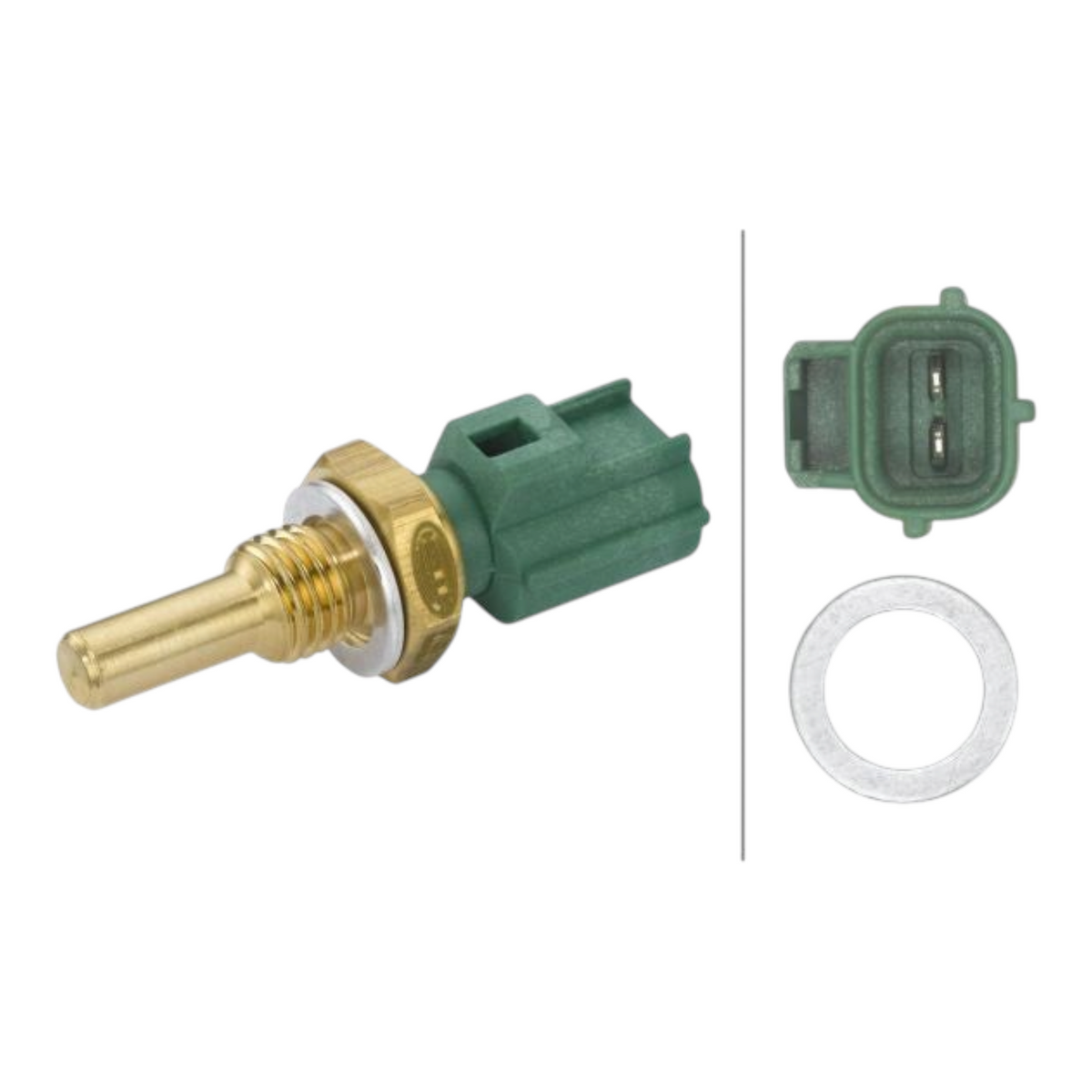 Rising Sun Imports engine coolant temperature sensor with brass housing, green connector, and metal sealing washer